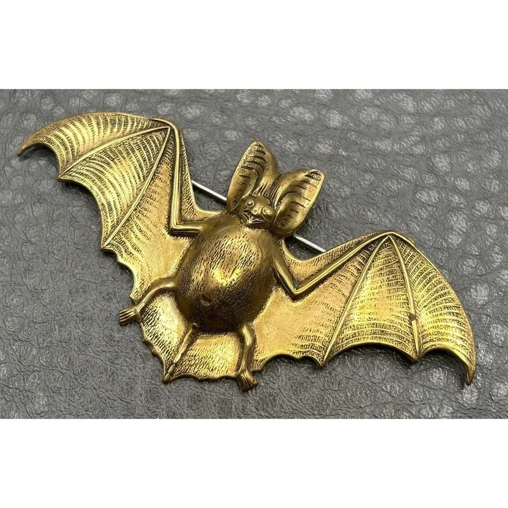 Vintage Victorian Revival Bat Brooch Pin Gothic Detailed Antiqued Gold Tone
